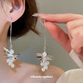 Silver Pearl Grape Cluster Long Hook Earrings with Polished Metal Details view 3