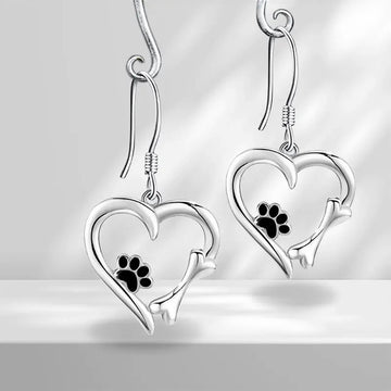 Cat-Tail Heart And Paw Print Hook Earrings In Polished Silver Tone