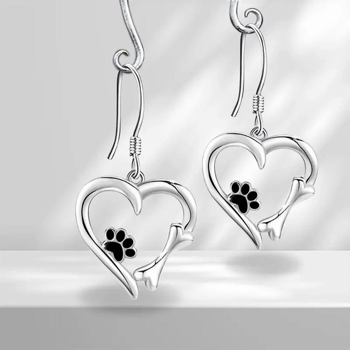 Cat-Tail Heart And Paw Print Hook Earrings In Polished Silver Tone