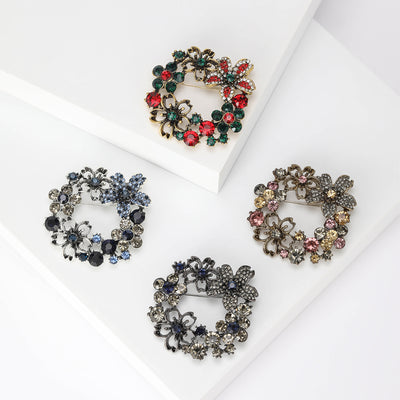 Crystal Floral Wreath Brooch front view on a plain background