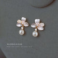 Gold Tone Translucent White Flower Pearl Drop Stud Earrings view 6
