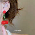 Red Pom Pom Cherry Drop Earrings With Green Stems Statement Jewelry Design view 3