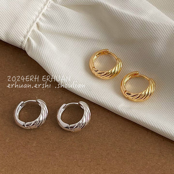 Twisted Rope Circular Huggie Hoop Earrings Silver Gold Tone
