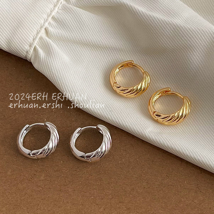 Twisted Rope Circular Huggie Hoop Earrings Silver Gold Tone