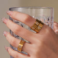 Wide Band Clover Zircon Stainless Steel Ring Gold Steel view 4