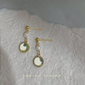 Gold Tone Pearl Pale Green Glass Cabochon Drop Earrings view 3