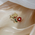 Red Rhinestone Flower Stem Stud Earrings Gold Leaf Accents view 4
