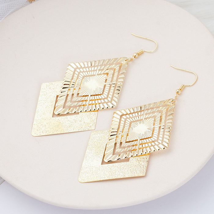 Gold and Silver Layered Diamond Geometric Long Hook Earrings