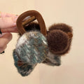 Brown Fuzzy Bow Petal Hair Claw With Blue And Brown Patterned Loops view 2