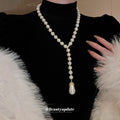 White Pearl Y Drop Necklace Teardrop Pendant Gold Accents view 1