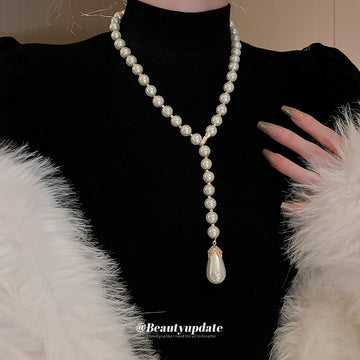 White Pearl Y Drop Necklace Teardrop Pendant Gold Accents