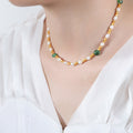 Gold Faceted Metal Pearl Green Stone Bead Collar Necklace view 6