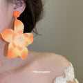 Orange Oversized Flower Drop Earrings With Layered Petals view 3