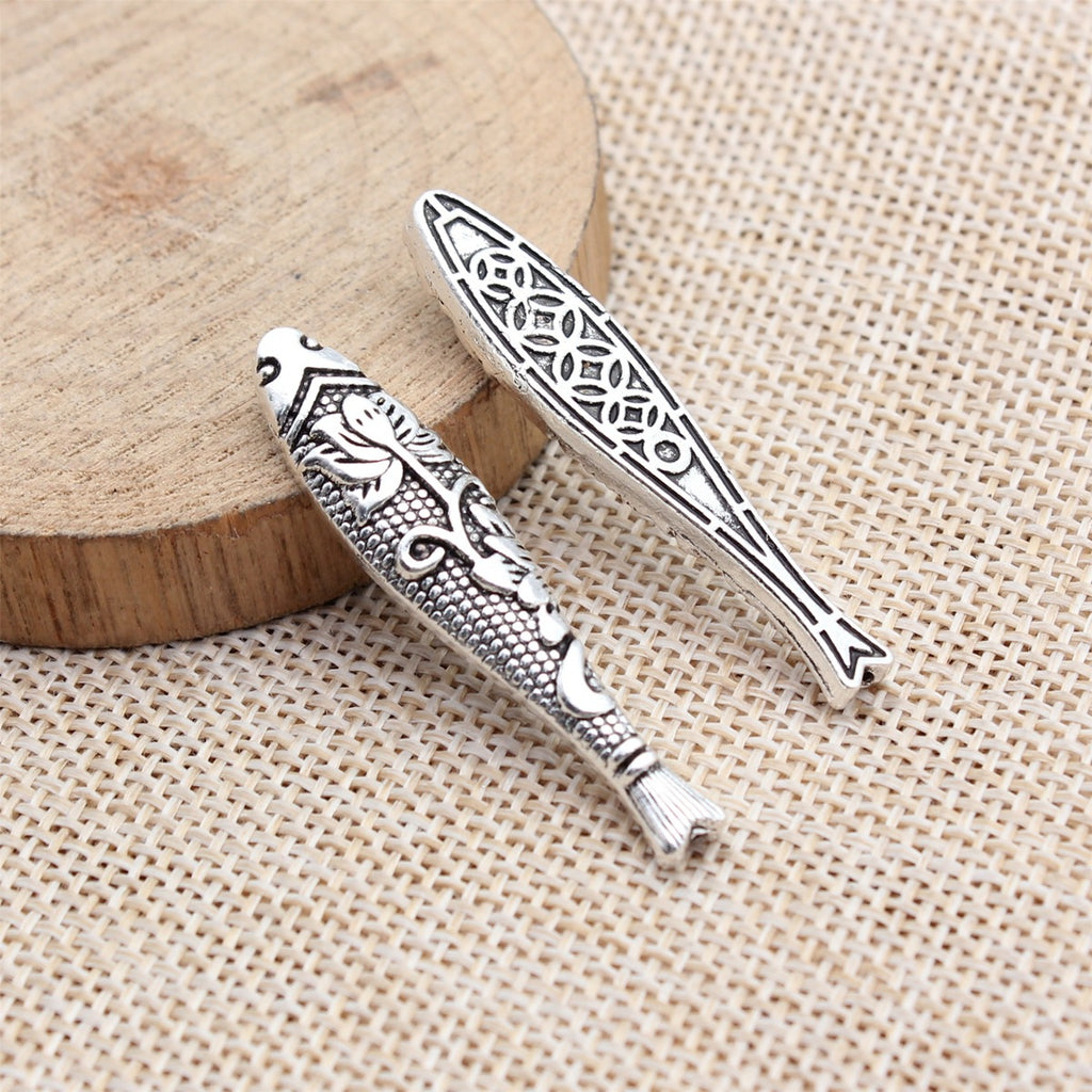 43x9.3x4.8mm 5g Antique Silver Zinc Alloy Patterned Fish Small Hole Spacer Beads for Necklace Making