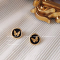 Gold Butterfly Round Enamel Stud Earrings Green Black Pair view 7