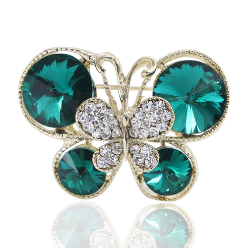 Emerald green rhinestone butterfly pin clear stone body front close-up