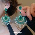 Fan Shaped Crystal Drop Earrings in Pink and Green view 4
