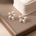 White Pearl Look Five Petal Gold Center Stud Earrings view 2