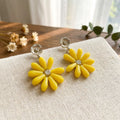 Yellow Daisy Flower Gold Tone Long Dangle Stud Earrings view 3
