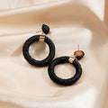 White Brown and Black Raffia Wrapped Round Dangle Earrings view 4