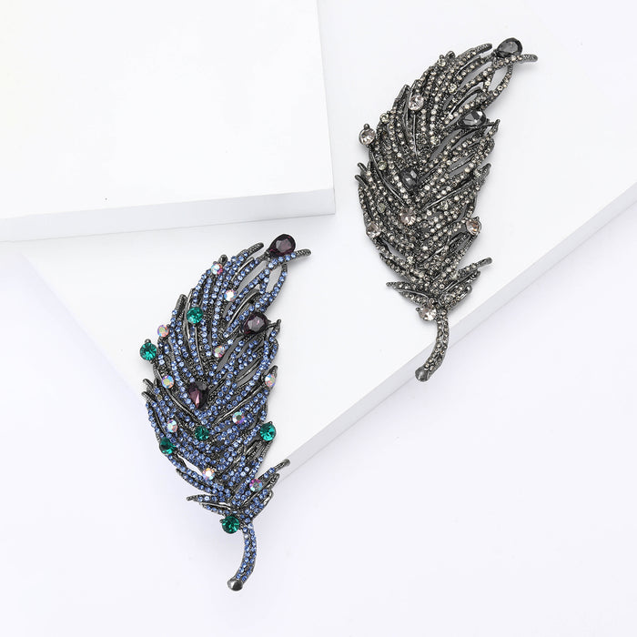 Long Dark Crystal Feather Brooch in Two Colorways for Jackets and Scarves