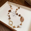 Brown Mixed Bead Long Necklace Crackled Oval Crystal Stations view 4