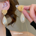 Rose And Pearl Effect Chain Tassel Drop Earrings Jewelry view 4