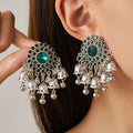 Antique Silver Round Crystal Look Bell Fringe Jhumka Earrings view 8
