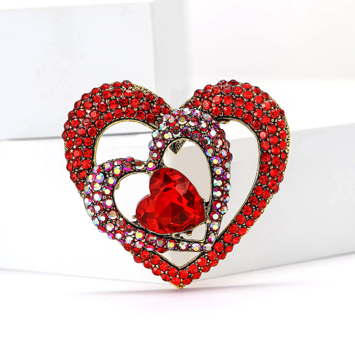 Red Rhinestone Double Heart Brooch Large Crystal Center