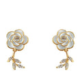 Gold White Enamel Camellia Crystal Leaf Drop Stud Earrings view 5
