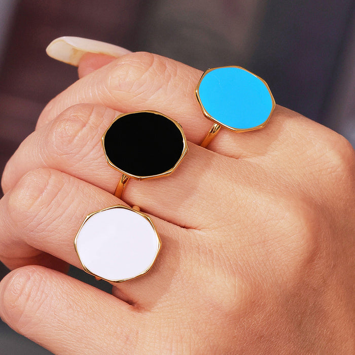 Octagonal Enamel Disc Open Ring in Black Blue and White
