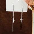Silver Crystal Pave Cross Long Threader Chain Earrings view 4