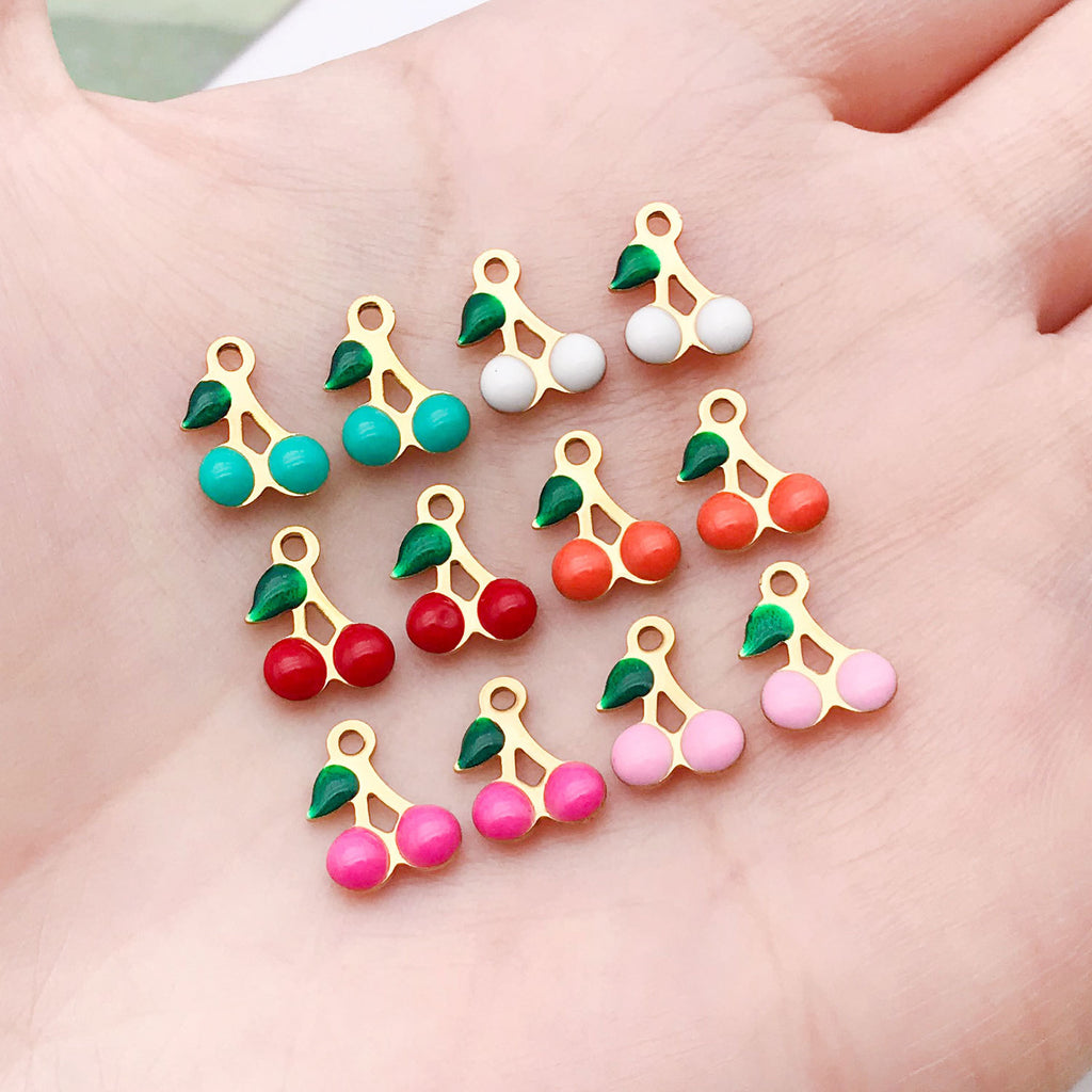 Enamel Stainless Steel Cherry Charm Pendants for Bracelet Necklace Earring Jewelry Making