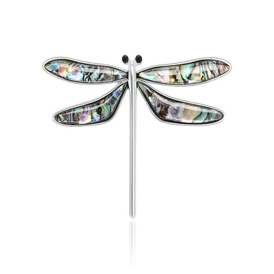 Front product view of the silver tone dragonfly brooch on a light background