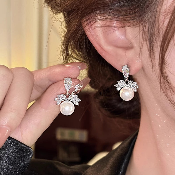 Silver Tone Crystal Leaf and Pearl Look Drop Earrings