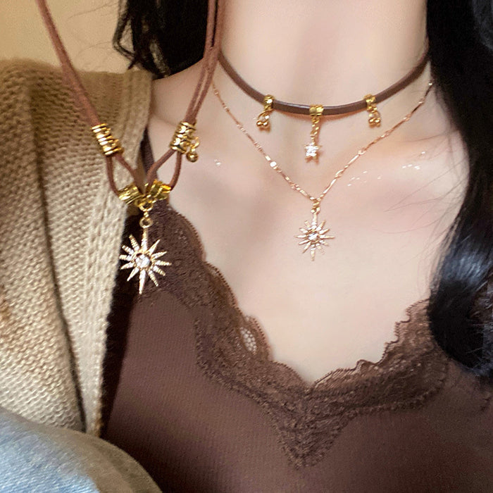 Brown Cord Gold Crystal Sun Star Layered Necklace Two Piece