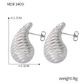Ribbed Teardrop Stud Earrings Gold Steel Large Small Sizes view 7