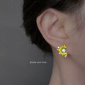 Yellow Green Enamel Sunflower Stud Earrings Clear Stones view 2