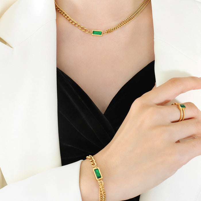 Double Curb Chain Rectangle Zircon Necklace Bracelet Set
