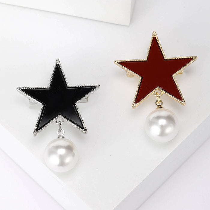 Enamel Star Brooch With Hanging Pearl in Black or Red