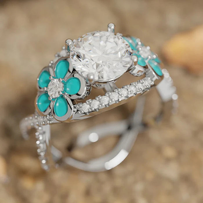 Silver Tone Turquoise Enamel Flower Ring Large Clear Center