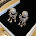 White Pearl Silver Crystal Fringe Statement Stud Earrings view 6