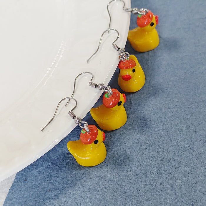 Yellow Duck Pumpkin Hat Fishhook Drop Earrings Pair