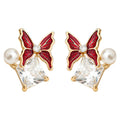 Gold Red Enamel Butterfly Triangle Stone Studs Pair view 5