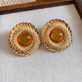 Ridged Round Stud Earrings With Brown Centers in Two Tones view 6