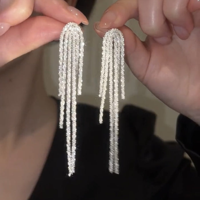 Silver Tone Crystal Fringe Stud Earrings with Long Tassels