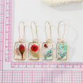 Gold Tone Rectangular Clear Resin Pressed Flower Long Wire Earrings view 2