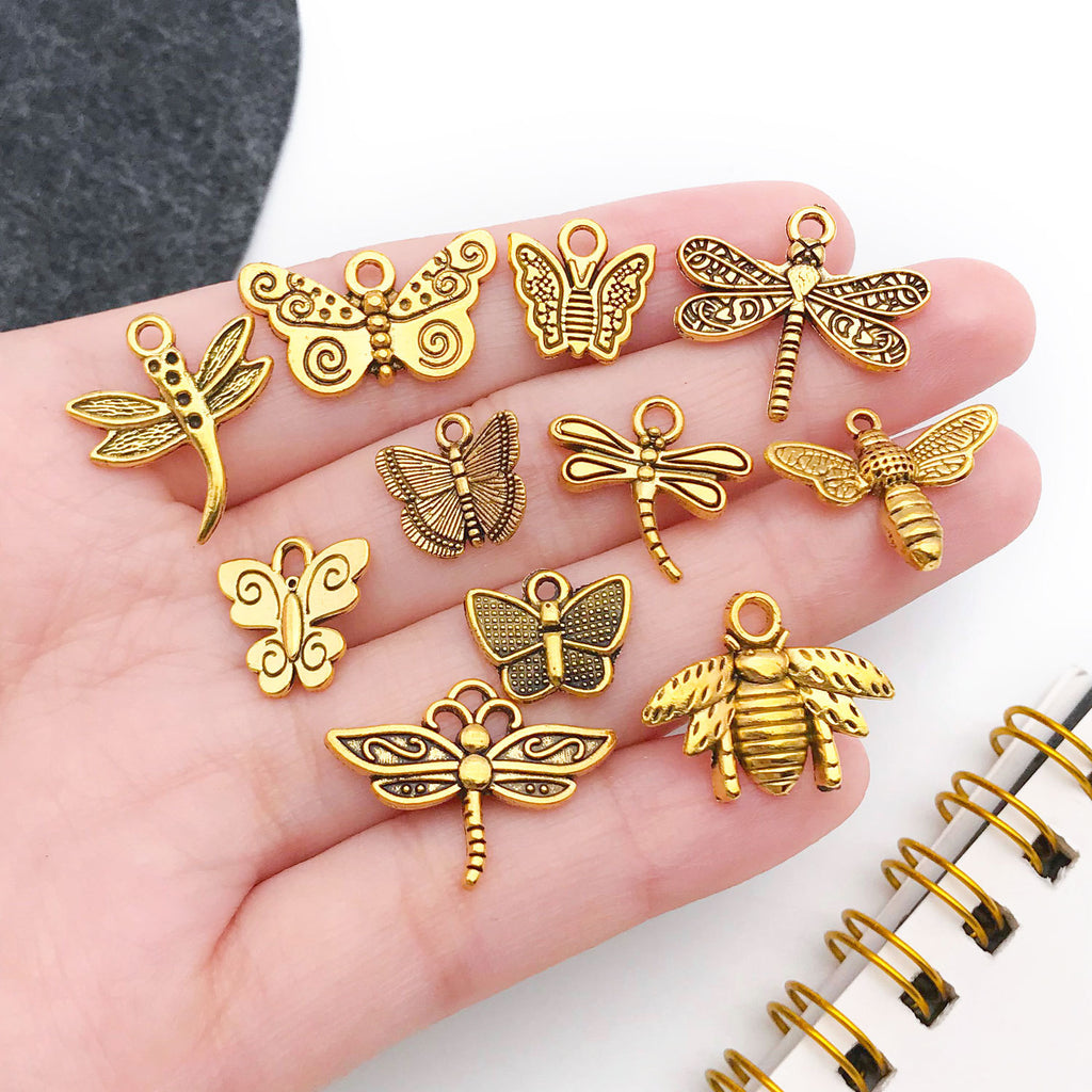 Antique Gold Zinc Alloy Butterfly Dragonfly Bee Charm Pendants for DIY Bracelet Necklace