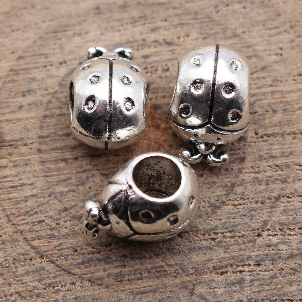 12x8.4x8.4mm 1.5g Antique Silver Zinc Alloy Ladybug Large Hole Spacer Double Sided Beads for Bracelet Necklace Making