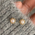 Gold Tone Woven Round Frame Freshwater Pearl Stud Earrings view 4